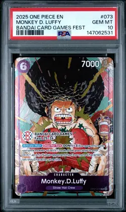 2025 ONE PIECE OP07-073 BANDAI CARD GAMES FEST 25-26 MONKEY D LUFFY PROMO PSA 10 - Image 1