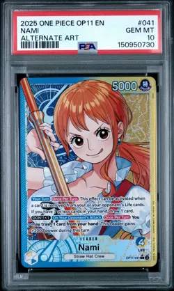 2025 ONE PIECE OP11 #041 A FIST OF DIVINE SPEED ALT ART LEADER NAMI PSA 10 - Image 1