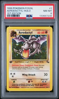 1999 POKEMON FOSSIL 1ST EDITION #1 AERODACTYL-HOLO PSA 8 - Image 1