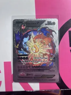 Custom Metal Charizard V Fan Art Pokemon Card Silver Black Display Collectible - Image 1