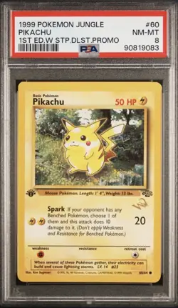PSA 8 PIKACHU 1ST EDITION 1999 JUNGLE W/STAMP DUELIST PROMO #60 VINTAGE POKEMON - Image 1