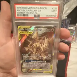 Pokemon 2019 Cosmic Eclipse Arceus & Dialga & Palkia GX 221 Full Art Holo PSA 9 - Image 1