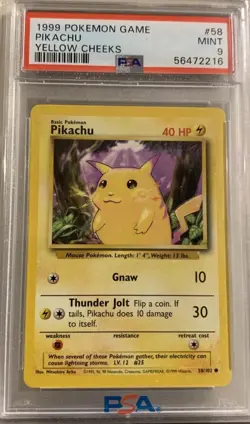 1999 POKEMON BASE SET UNLIMITED YELLOW CHEEKS #58 PIKACHU PSA 9 - Image 1