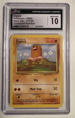 1999 POKEMON BASE SET CORRECTED SYMBOL #47 DIGLETT CGC 10 GEM MINT POKEMON CARD - Image 1