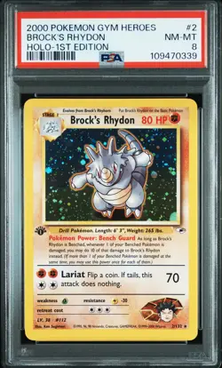 2000 POKEMON GYM HEROES HOLO-1ST EDITION #2 BROCK'S RHYDON PSA 8 - Image 1