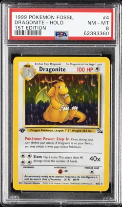 1999 POKEMON FOSSIL 1ST EDITION #4 DRAGONITE-HOLO PSA 8 - Image 1