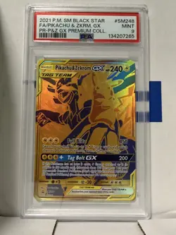 PSA 9 MINT Pokemon 2021 Pikachu & Zekrom GX Gold Full Art Promo SM248 - Image 1