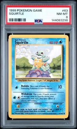 Pokemon TCG 1999 Squirtle Base Set 63/102 Regular Unlimited Common Graded PSA 8 - Image 1