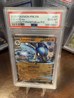 2025 Pokemon Prismatic Evolutions Lucario ex 051/131 Pokemon Center Stamp PSA 10 - Image 1