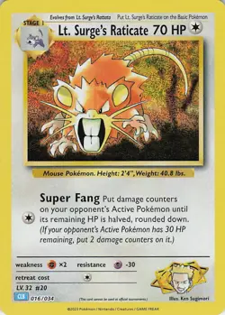 Lt. Surge's Raticate Holo Classic Collection Trading Card Game 016/034 NM - Image 1