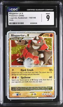 CGC 9 MINT Rhyperior LV.X 2008 Legends Awakened 145/146 Holo Pokemon Card - Image 1