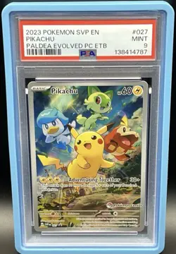 PALDEA EVOLVED ETB POKEMON CENTER STAMPED PIKACHU SVP 027 PSA 9 + Slab Guard - Image 1