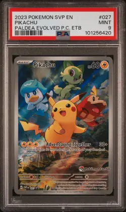 2023 POKEMON PALDEA EVOLVED POKEMON CENTER ETB PROMO SVP #027 PIKACHU PSA 9 - Image 1