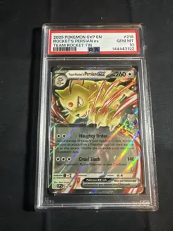 Pokemon Team Rocket's Persian ex 218 PSA 10 + 2025 Team Rocket Tin Promo - Image 1
