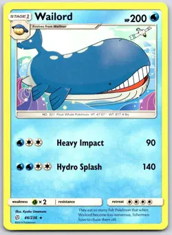 POKEMON COSMIC ECLIPSE WAILORD 46/236 RARE NON HOLO NM - Image 1
