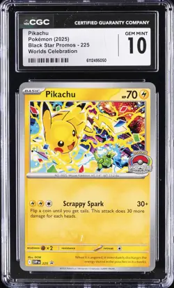 2025 POKEMON BLACK STAR PROMOS WORLDS CELEBRATION #225 PIKACHU CGC 10 GEM MINT - Image 1