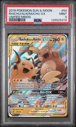 Pokemon TCG Raichu Alolan Raichu GX 54/236 Tag Team SM Unified Minds PSA 9 - Image 1