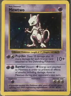 1999 Pokemon Base Set (Shadowless) Mewtwo Holo Rare #10 (RAW) MP-LP - Image 1