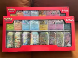 Pokemon Prismatic Evolutions 8 Mini-Tins with Promo Cards Costco 2-Pack IN HAND - Image 1