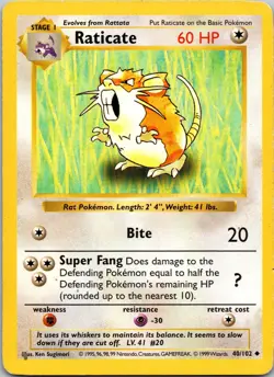 Raticate 040/102 Uncommon Base Set (Shadowless) LP Pokemon TCG - Image 1