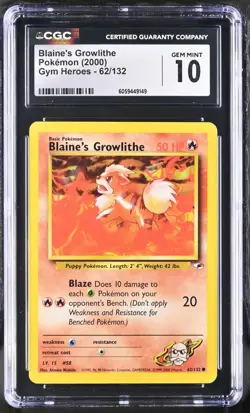 CGC 10 Blaine's Growlithe 62/132 Gym Heroes 2000 Pokemon Card - Image 1