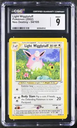 CGC 9 Light Wigglytuff 54/105 Neo Destiny 2002 Pokemon Card - Image 1