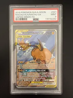 Raichu & Alolan Raichu GX Alternate Full Art Holo Card 221/236 PSA 9 - Image 1