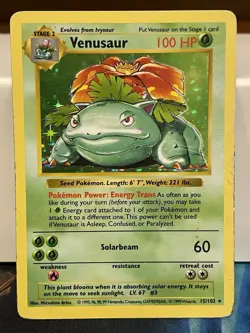 Venusaur - Pokemon 1999 Base Set 15/102 - Holo Rare - Shadowless - HP/DAMAGED - Image 1