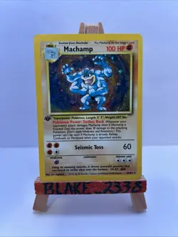 Pokemon TCG Base Set Unlimited MACHAMP Holo 8/102 Swirl - Image 1