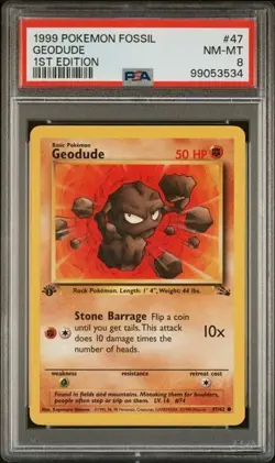 TCG 1999 Pokemon FOSSIL Non-Holo 1ST Edition Card GEODUDE # 47 Graded PSA 8 - Image 1