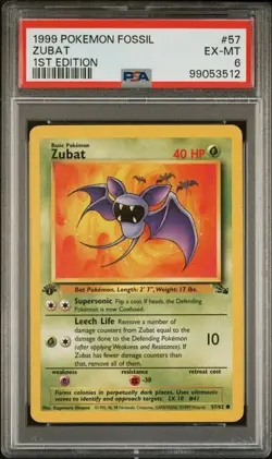 TCG 1999 Pokemon FOSSIL Non-Holo 1ST Edition Card ZUBAT # 57 Graded PSA 6 - Image 1