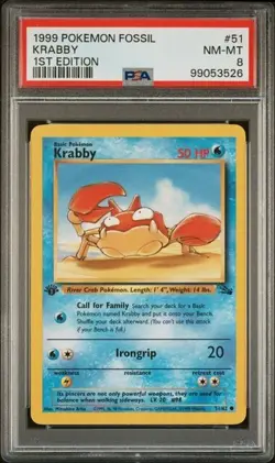 TCG 1999 Pokemon FOSSIL Non-Holo 1ST Edition Card KRABBY # 51 Graded PSA 8 - Image 1