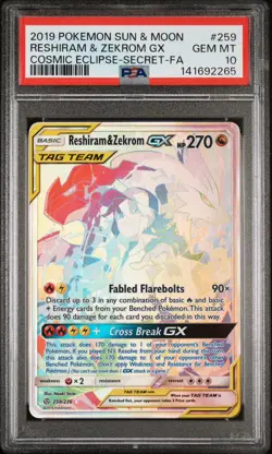 Reshiram & Zekrom GX 2019 Pokemon Cosmic Eclipse Secret Rare Full Art 259 PSA 10 - Image 1