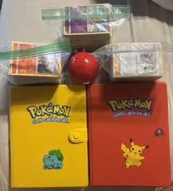 Vintage and New Pokemon Card Lot w/ Pikachu/Bulbasaur Binders & Poke Ball - Image 1
