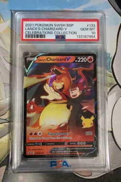 2021 POKEMON TCG SWSH CELEBRATIONS LANCE'S CHARIZARD V HOLO PROMO CARD PSA 10 - Image 1