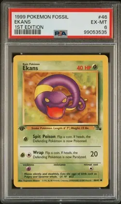TCG 1999 Pokemon FOSSIL Non-Holo 1ST Edition Card EKANS # 46 Graded PSA 6 - Image 1