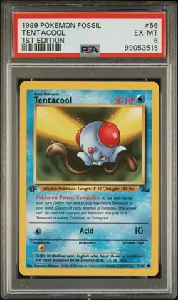 TCG 1999 Pokemon FOSSIL Non-Holo 1ST Edition Card TENTACOOL # 56 Graded PSA 6 - Image 1