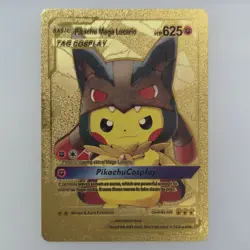 Pokemon Pikachu Mega Lucario Tag Cosplay Gold Foil Fan Art Collector Card TCG - Image 1