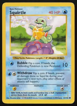 Squirtle 63/102 Unlimited Common Base Set Shadowless Pokemon English LP - Image 1