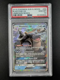 2019 Pokemon Sun & Moon Unbroken Bonds BLASTOISE Holo Rare 35/214 PSA 10 - Image 1
