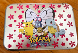 vtg 1998 Nintendo Pokemon TIN Squirtle Pikachu Eevee Butterfree card storage box - Image 1
