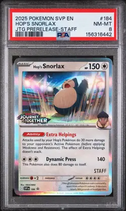 2025 POKEMON SVP JOURNEY TOGETHER PRERELEASE-STAFF #184 HOP'S SNORLAX PSA 8 - Image 1