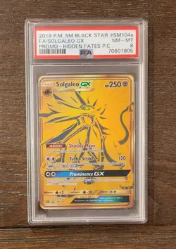 PSA 8 NM-MT Solgaleo GX SM104a Black Star Promos Gold Holo Pokemon 2019 - Image 1