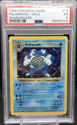 Shadowless Holo Foil Poliwrath # 13/102 Base Set Pokemon Trading Cards PSA 5 EX - Image 1
