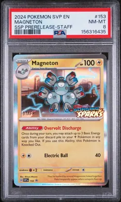 2024 POKEMON SVP SURGING SPARKS PRERELEASE-STAFF #153 MAGNETON PSA 8 - Image 1