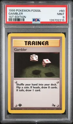 1999 POKEMON FOSSIL 1ST ED #60 GAMBLER PSA 9 - Image 1