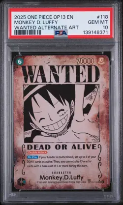 One Piece Monkey.D.Luffy Carrying On His Will OP13-118 Wanted Alt Art PSA 10 - Image 1
