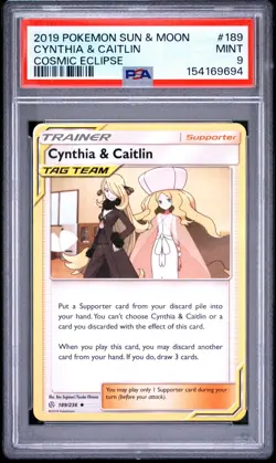 2019 Pokemon Sun & Moon Cosmic Eclipse 189 Cynthia & Caitlin PSA 9 - Image 1