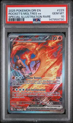 2025 POKEMON DRI EN-DESTINED RIVALS #229 TEAM ROCKET'S MOLTRES EX PSA 10 - Image 1