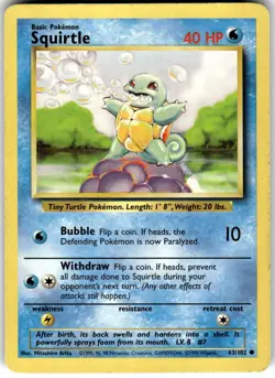 Squirtle 63/102 Base Set Unlimited Pokemon NM Fast Ship - Image 1